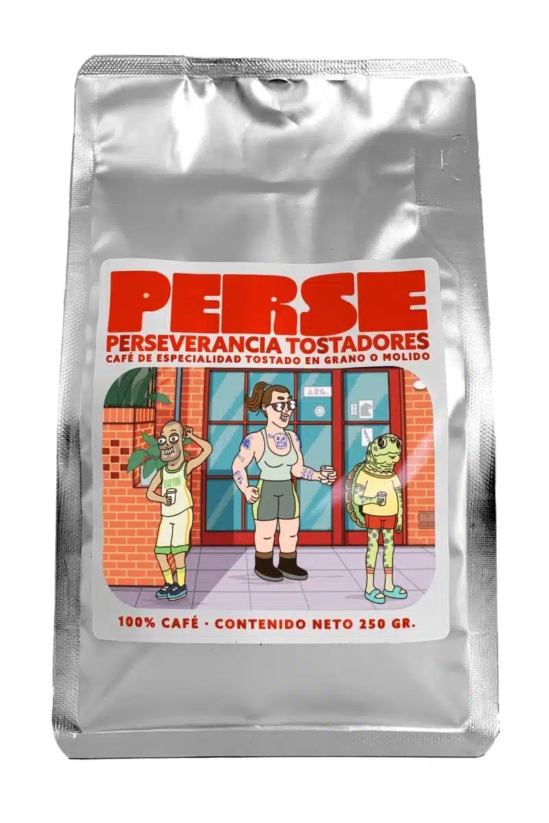 Paquete de café de especialidad Brasil Perseverancia Tostadores, disponible en grano entero o molido.