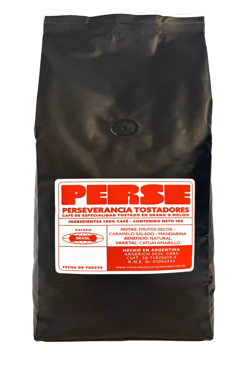 Paquete de café de especialidad Brasil 1kg Perseverancia Tostadores para mayoristas, con notas de frutos secos, caramelo salado y mandarina.