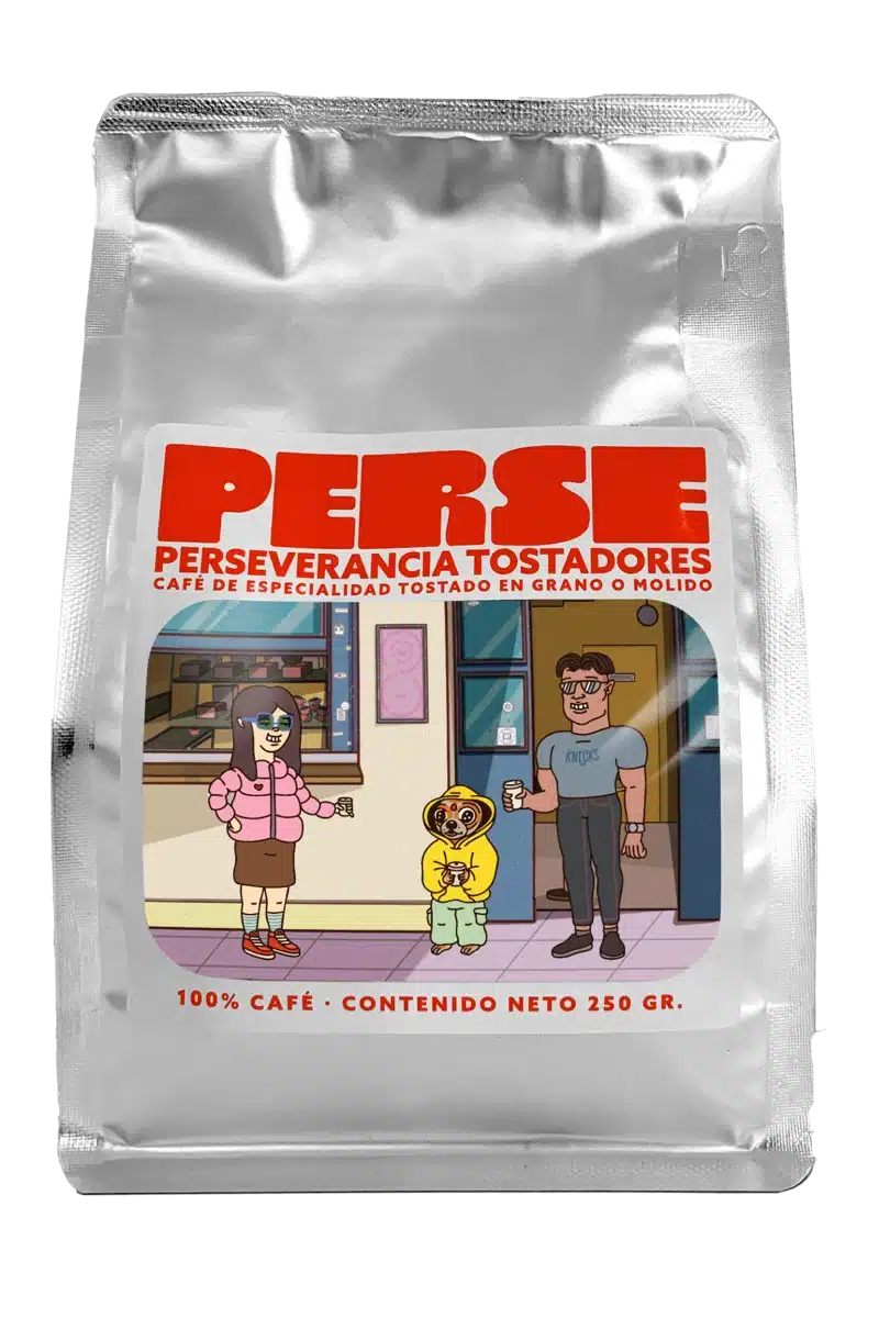 Paquete de café de especialidad Colombia Perseverancia Tostadores, disponible en grano entero o molido.