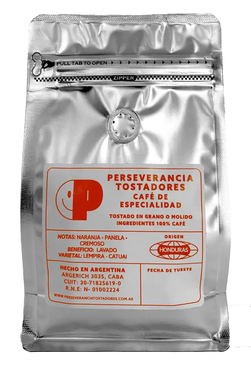 Etiqueta posterior del café de especialidad Honduras Perseverancia Tostadores con notas de naranja, panela y cuerpo cremoso.