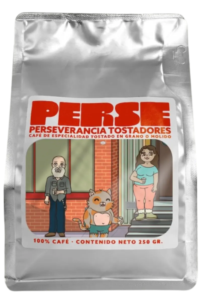 Paquete de café de especialidad Ruanda Perseverancia Tostadores con notas de flores blancas y especias rojas.