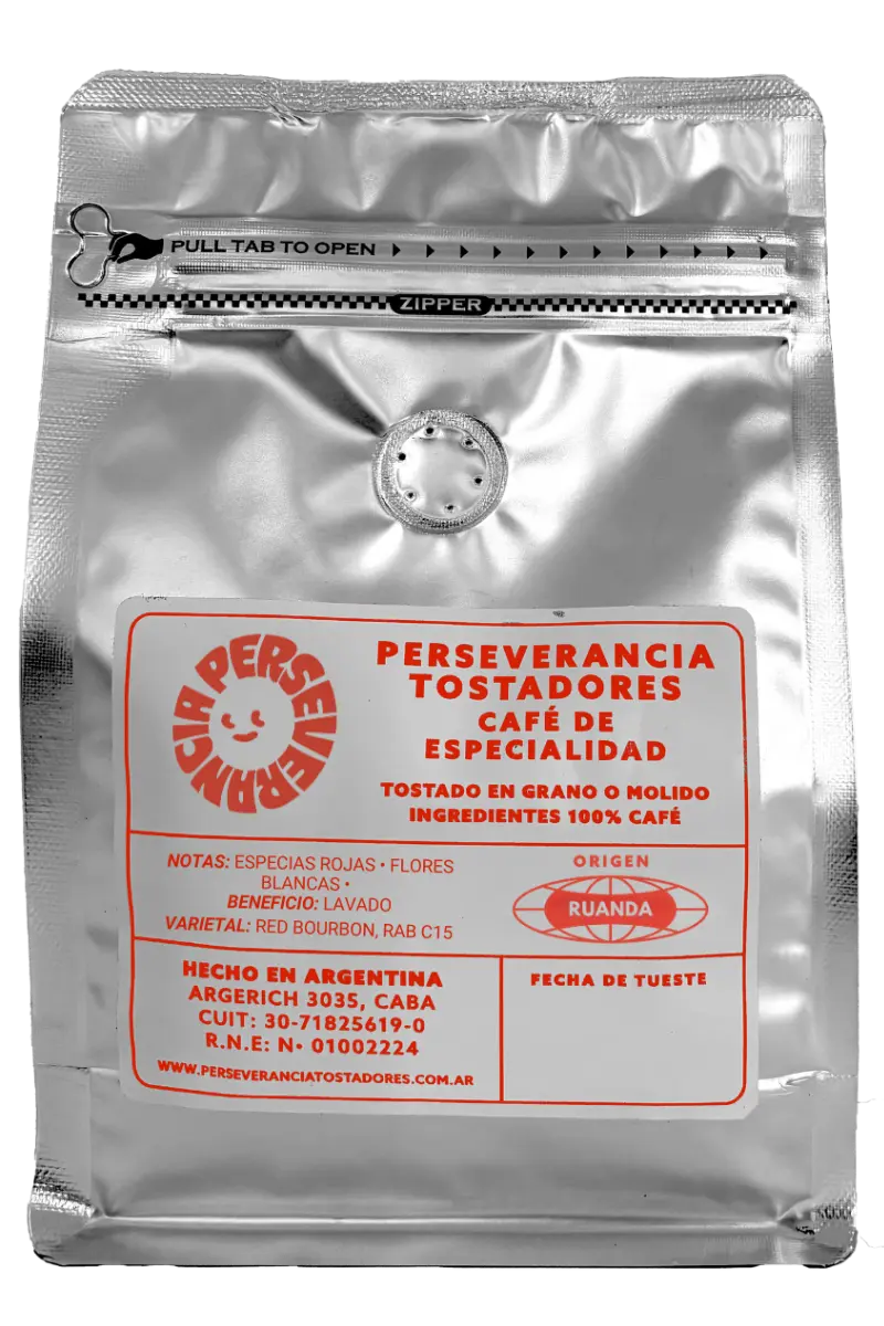 Etiqueta trasera del paquete de café de especialidad Ruanda Perseverancia Tostadores con notas de flores blancas y especias rojas.