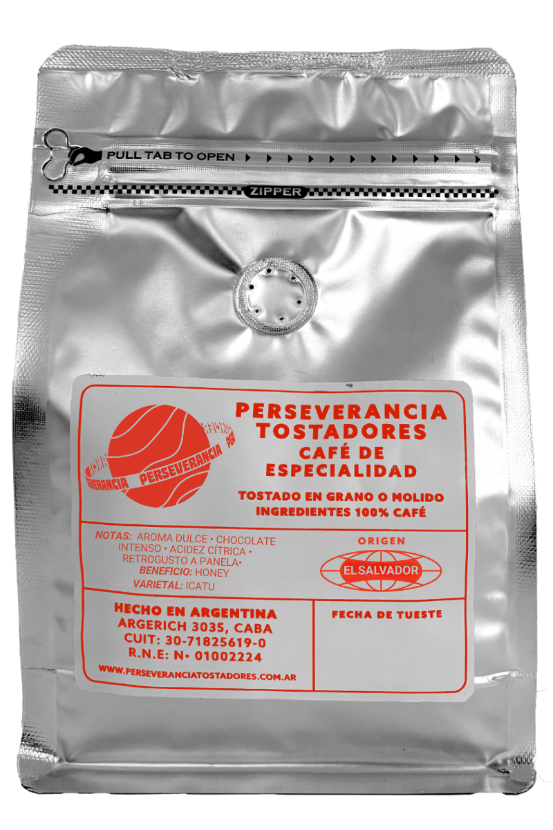 Etiqueta trasera del paquete de café de especialidad El Salvador Perseverancia Tostadores con notas dulces, chocolate y panela.