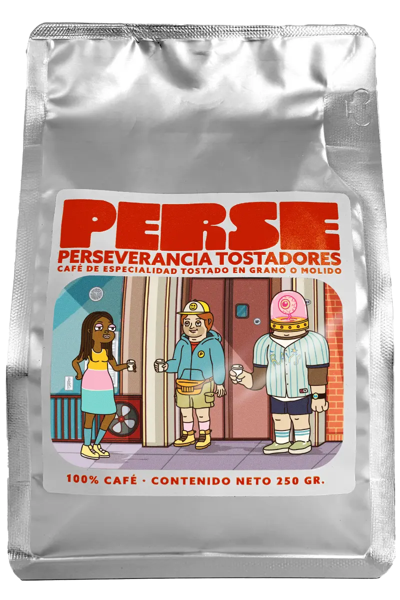 Paquete de café de especialidad Honduras Perseverancia Tostadores, disponible en grano entero o molido.
